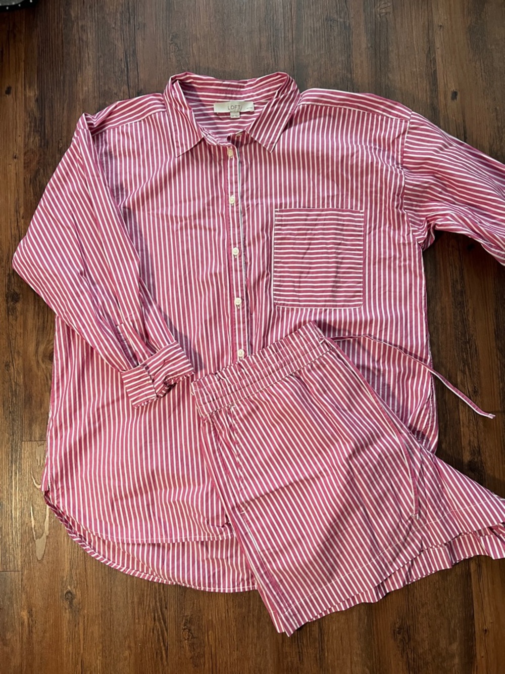 LOFT Spring Summer Pink and White Striped Button-Down Shirt and Short Set